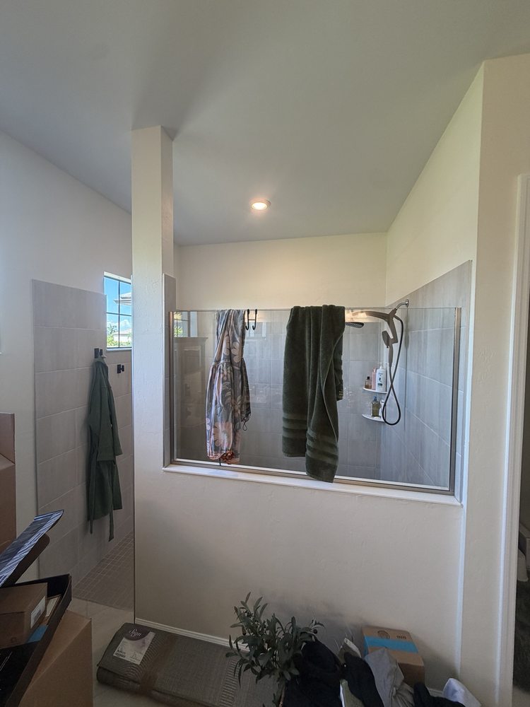 Bathroom glass panel and shower wall tile